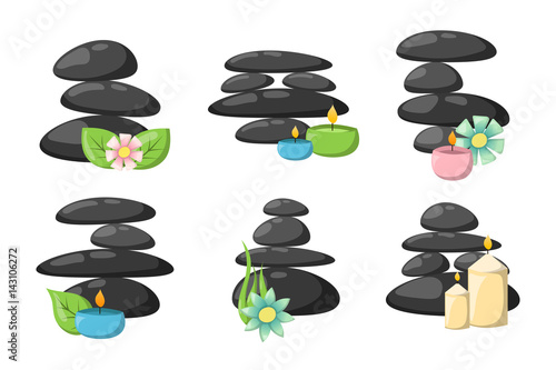 Pyramid from sea pebble relax heap stones isolated and healthy wellness black massage meditation natural tool spa balance therapy zen vector illustration.