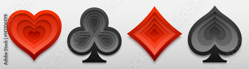 Set of playing card suit sign shapes. Paper art of four card symbols. Vector illustration for casino and poker games.