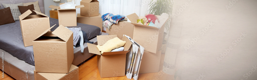 Fototapeta premium Moving boxes in new apartment