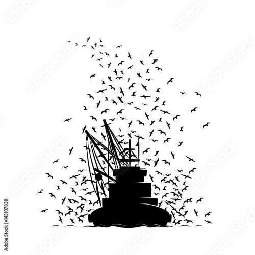 Fishing Boat and the Seagulls. Fishing Boat Returning to the Harbor bringing whole the Seagulls along.