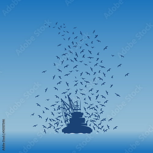 Fishing Boat and the Seagulls. Fishing Boat Returning to the Harbor bringing whole the Seagulls along.