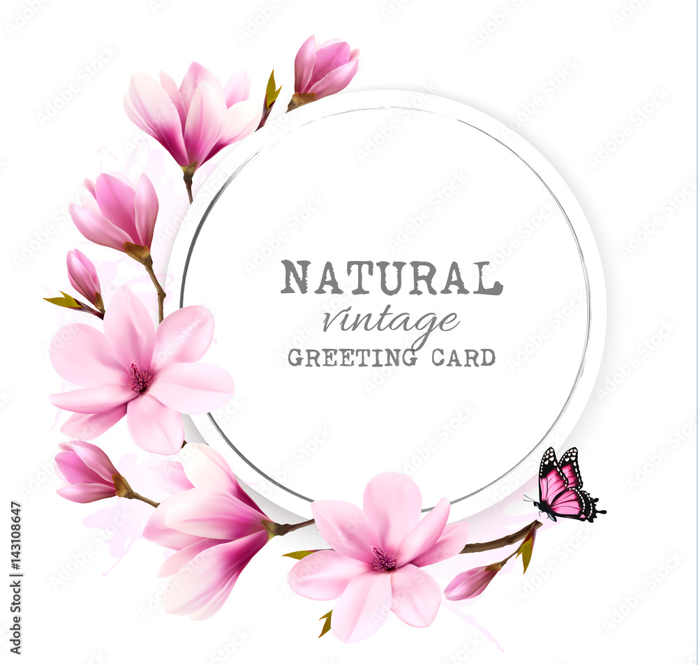 Obraz premium Natural vintage greeting card with pink magnolia. Vector.