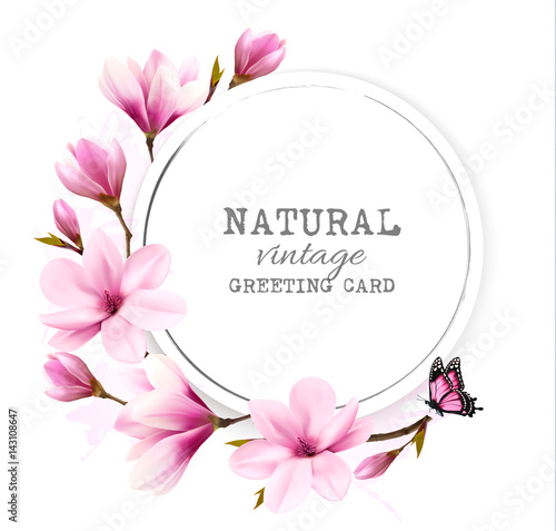Fototapeta Naklejka Na Ścianę i Meble -  Natural vintage greeting card with pink magnolia. Vector.