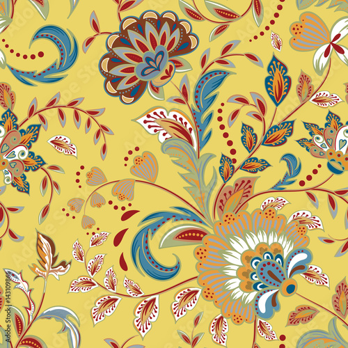 Fototapeta Naklejka Na Ścianę i Meble -  Seamless pattern with fantasy flowers, natural wallpaper, floral decoration curl illustration. Paisley print hand drawn elements. Home decor.