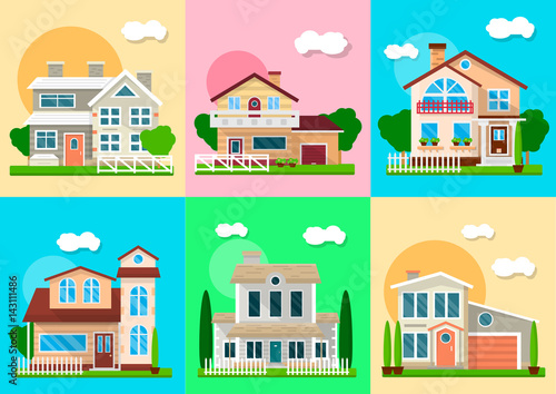 Houses, mansions and villa cottages real estate vector objects