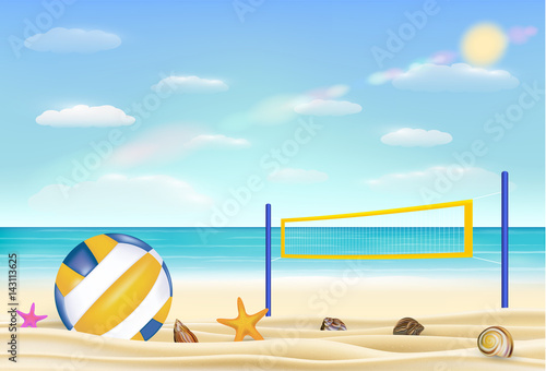 beach volleyball and net on a sand beach with bring sea sky background