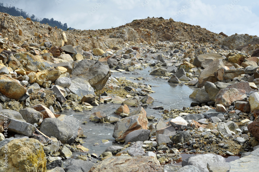 River and stone at sulfur quarry, Garut, Indonesia River and stone at sulfur quarry, Garut, Indonesia