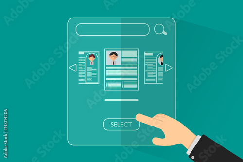 Resume. New recruitment system. Executive hands selecting employees.flat style design on isolated background
