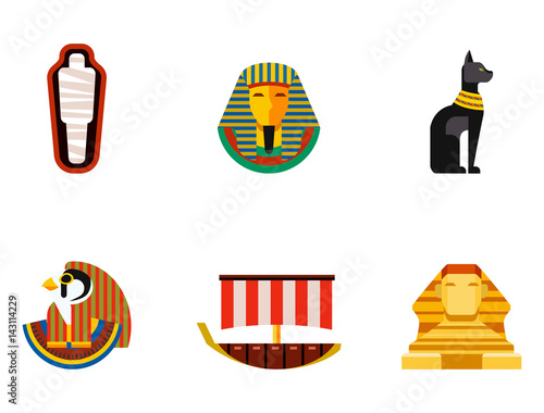 Set of vector flat design egypt travel icons culture ancient elements illustration.