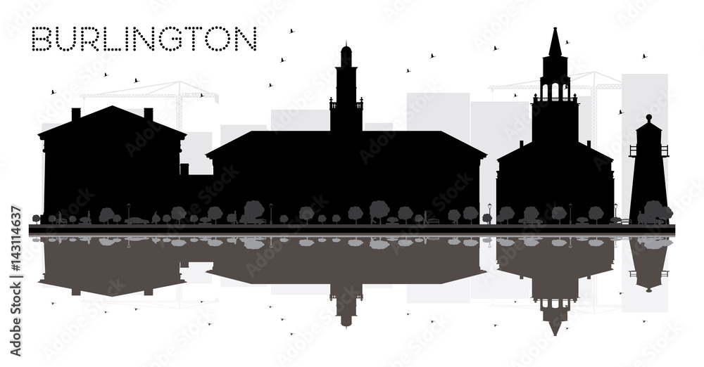 Obraz premium Burlington City skyline black and white silhouette with reflections.