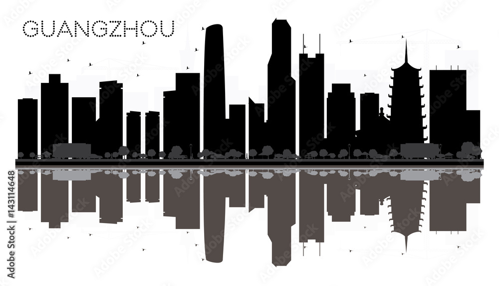 Guangzhou City skyline black and white silhouette with reflections.