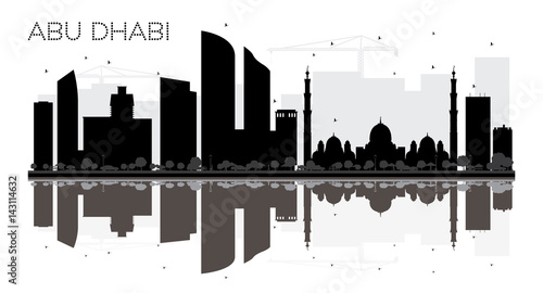 Abu Dhabi City skyline black and white silhouette with reflection.