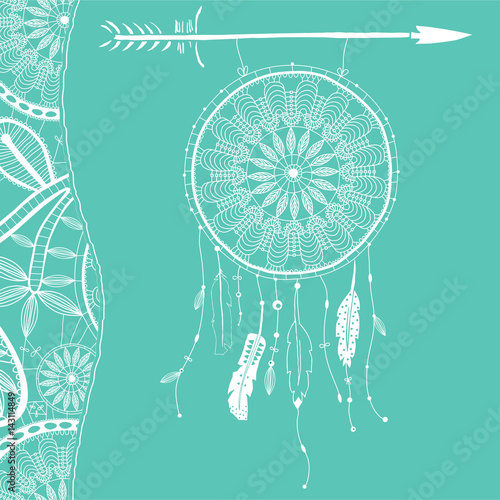 Hand drawn dreamcatcher with feathers and arrow. Vector hipster illustration isolated on white. Ethnic design, boho style, tribal symbol, white dreamhunter