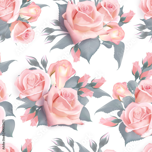 English roses seamless. Pink vintage rose seamles pattern. Vector. Quality watercolor imitation. Not trace.