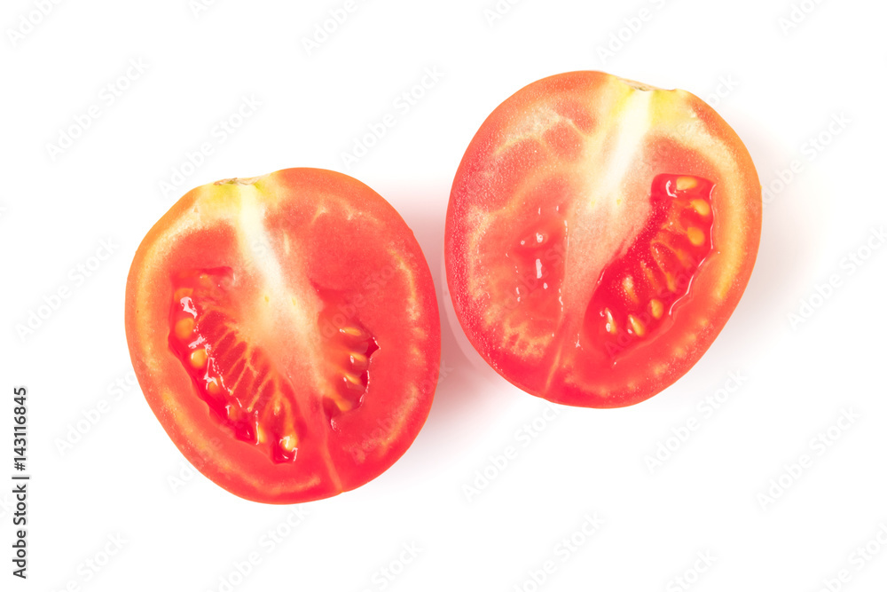 Fresh tomatoe slices on white background, selective focus Fresh tomatoe slices on white background, selective focus