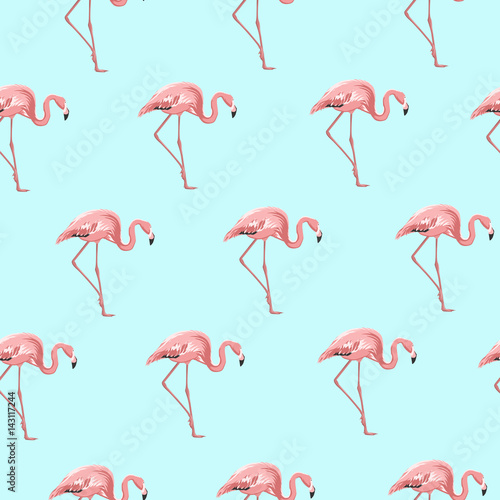 Exotic pink flamingo birds seamless pattern on sky blue background. Elegant long legged wading birds striding left to right. Vector design illustration for textile, decoration, fabric, packaging.