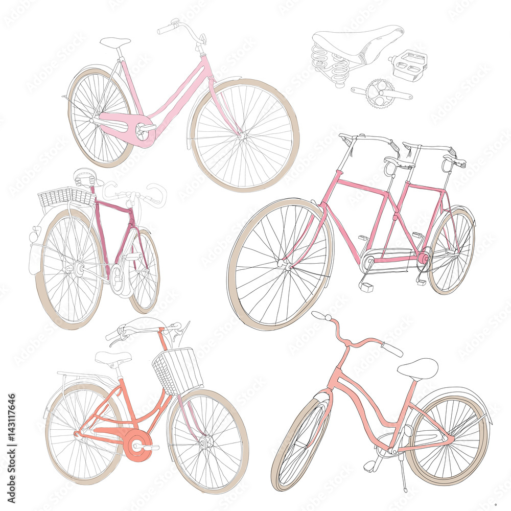 Colorful Hand Drawn Bicycles Set Colorful Hand Drawn Bicycles Set