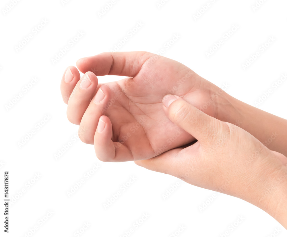 Woman hand holding her wrist on white background, health care and medical concept Woman hand holding her wrist on white background, health care and medical concept