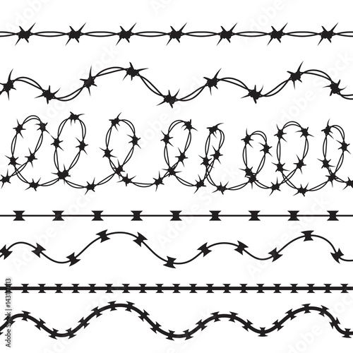 Barbed Wire Black Silhouettes Vector. Pattern brush