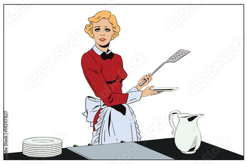 Confused girl in the kitchen. People in retro style.