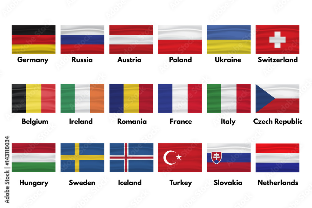 Netherlands Slovakia Turkey Sweden Iceland Hungary Czech Republic Italy France Romania Ireland Belgium Switzerland Ukraine Poland Austria Russia Germany Flags Set With Shadows Stock Vector Adobe Stock