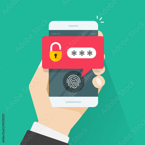 Hand with mobile phone unlocked with fingerprint button and password notification vector, concept of security, personal access, user authorization, login, smartphone protection technology
