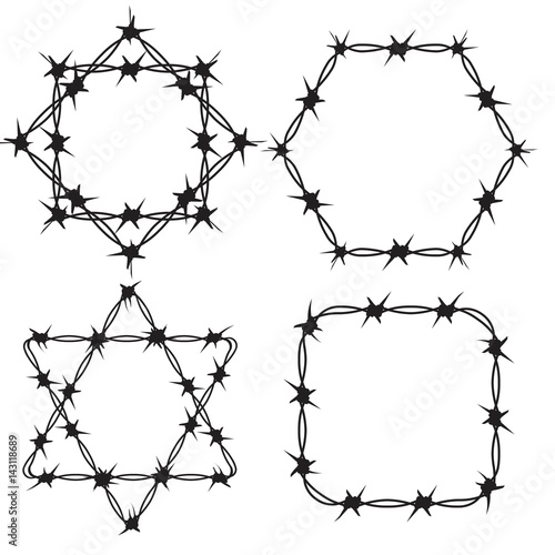 Barbed Wire Black Silhouettes Vector frame. Pattern brush