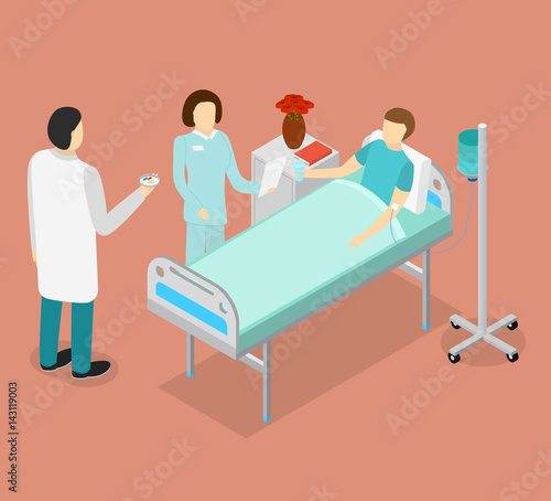 Patient in Bed and Doctor or Medical Staff Isometric View. Vector
