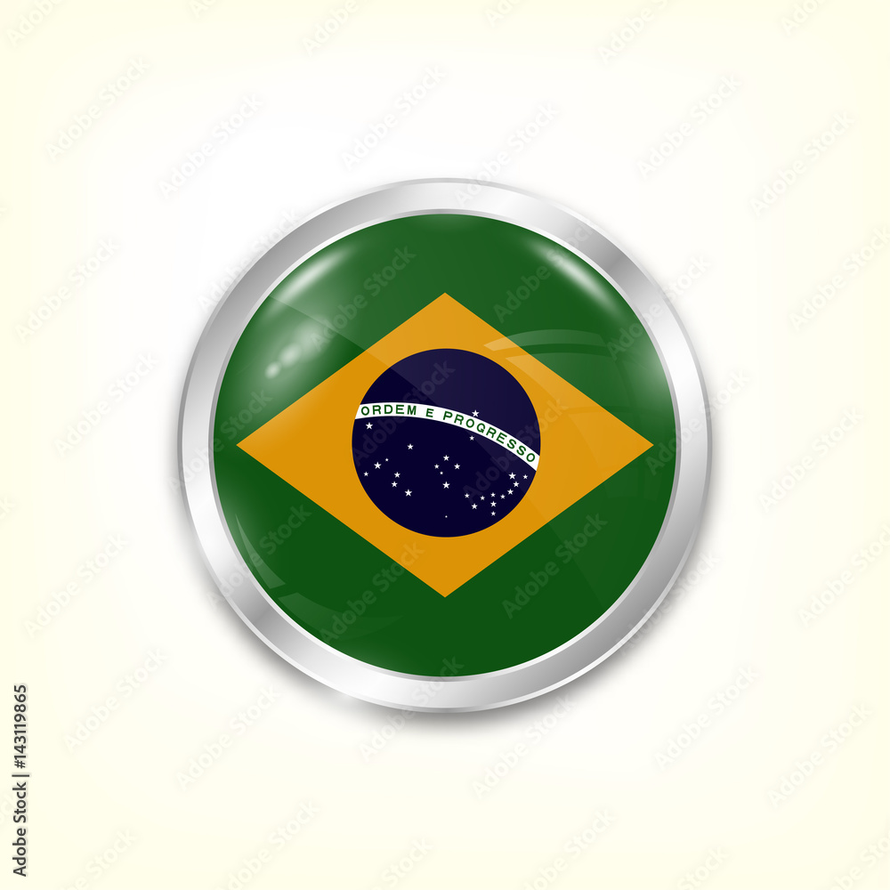 Round button national flag of Brazil with the reflection of light and shadow. Icon country. Realistic vector illustration.