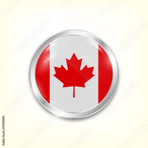 Round button national flag of Canada with the reflection of light and shadow. Icon country. Realistic vector illustration.