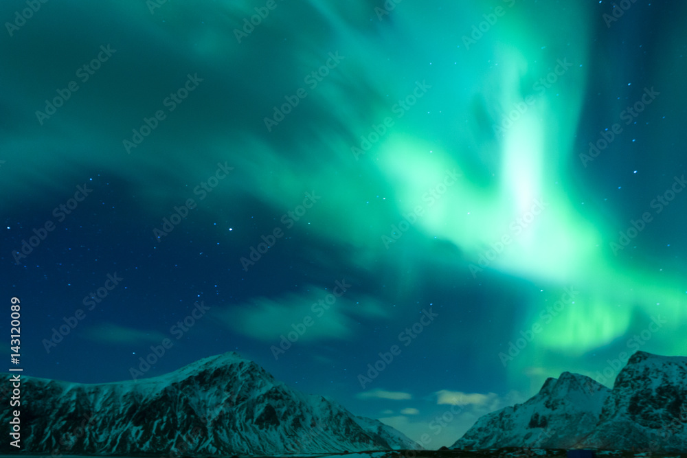 Picturesque Unique Nothern Lights Aurora Borealis Over Lofoten Islands in Nothern Part of Norway.