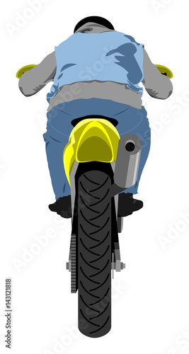 Classic supermoto motorcycle with rider wearing sleeveless jeans jacket, hoodie, black leather gloves and helmet back view graffiti style isolated on white color vector illustration