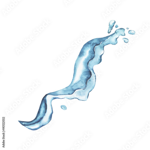 Blue water splash with drops on white background. Hand drawn watercolor illustration.
