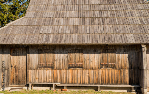 Closeup of traditional wooden cottage in Velika Planina highland pasture in Slovenia, Europe