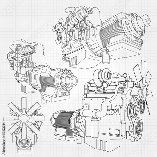 A big diesel engine with the truck depicted in the contour lines on graph paper. The contours of the black line on the grey background.