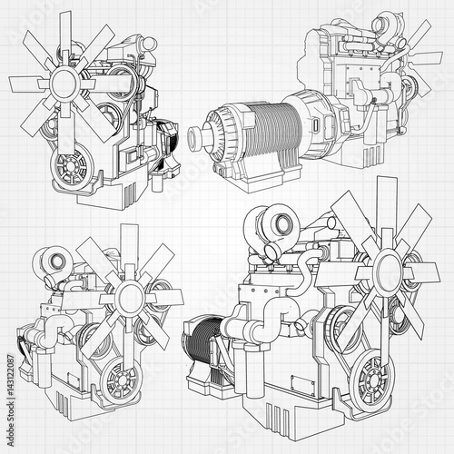 A big diesel engine with the truck depicted in the contour lines on graph paper. The contours of the black line on the grey background.