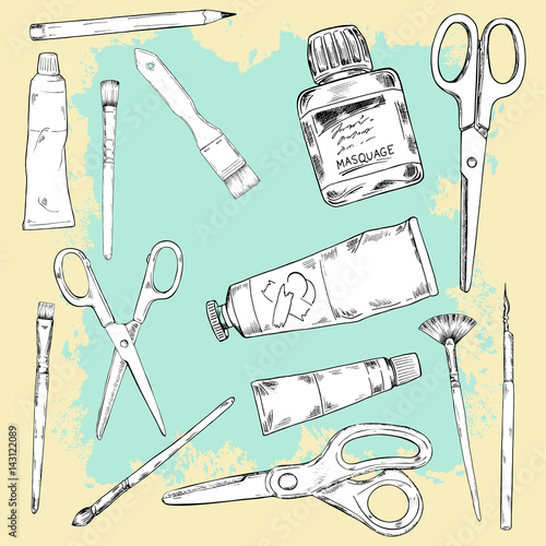 Set of art or school equipment on pastel yellow background with abstract blue brushstrokes. Hand drawn vector illustration.
