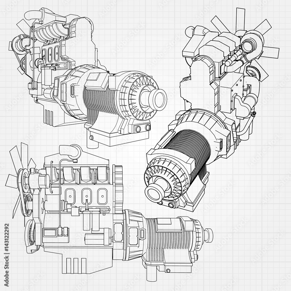 A big diesel engine with the truck depicted in the contour lines on ...