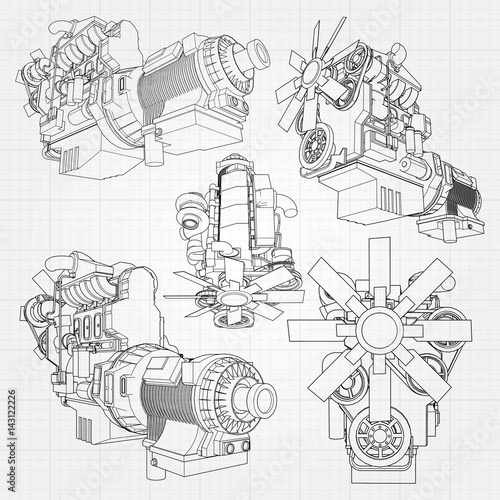 A big diesel engine with the truck depicted in the contour lines on graph paper. The contours of the black line on the grey background.