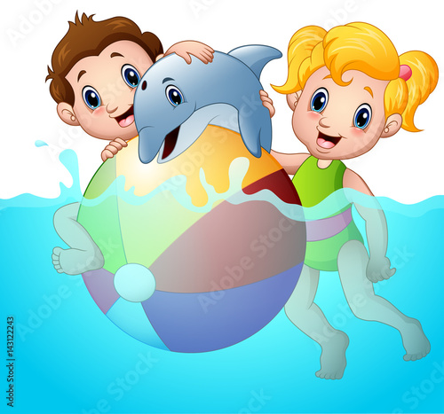 Cartoon boy and girl playing beach ball with dolphin on water