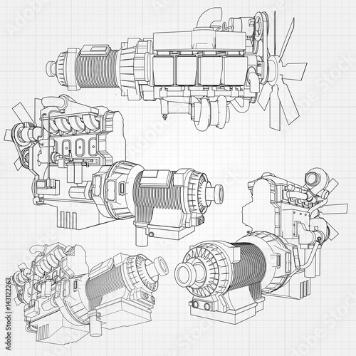 A big diesel engine with the truck depicted in the contour lines on graph paper. The contours of the black line on the grey background.