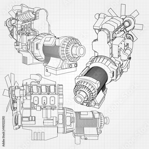 A big diesel engine with the truck depicted in the contour lines on graph paper. The contours of the black line on the grey background.