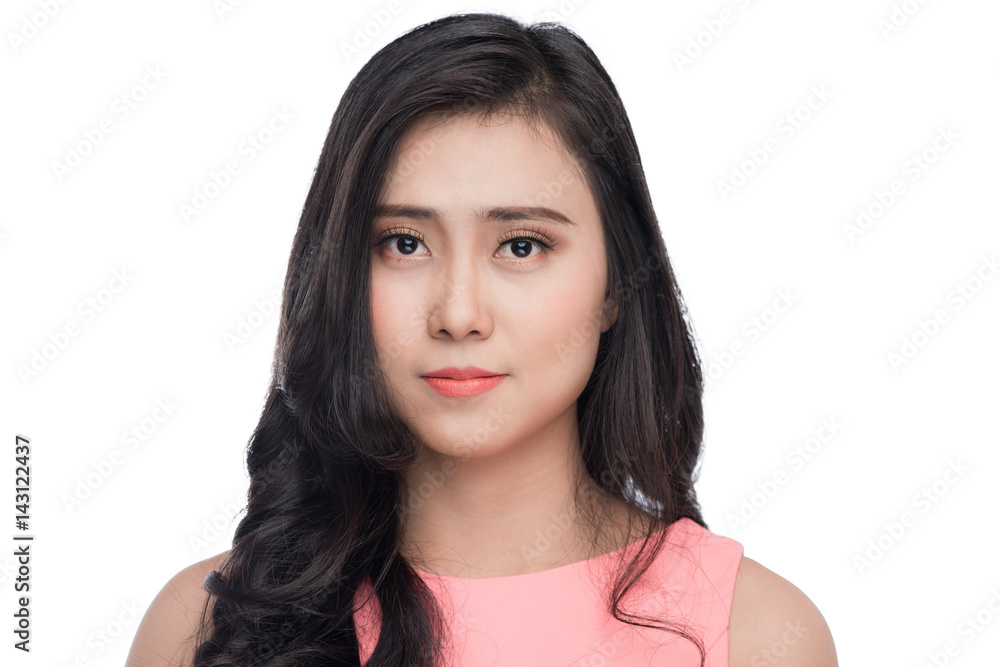 Asian young beautiful woman with long black hair in pink dress standing over white. Asian young beautiful woman with long black hair in pink dress standing over white.