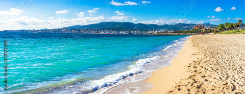 Panorama view of the beach of Palma de Majorca, Spain Mediterranean Sea, Balearic Islands