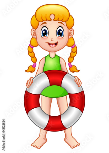 Cartoon little girl holding lifebuoy