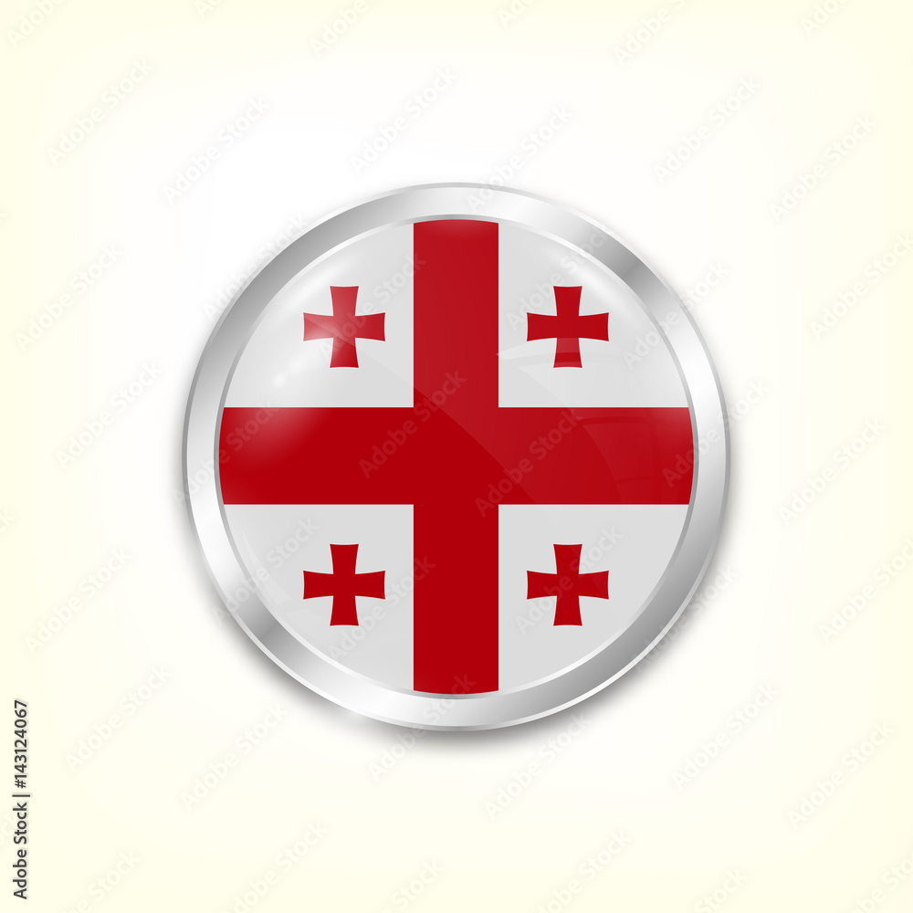 Round button national flag of Georgia with the reflection of light and shadow. Icon country. Realistic vector illustration.