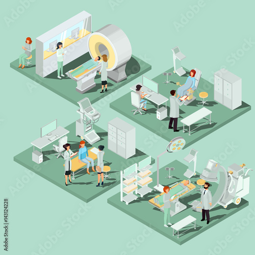 Set of 3D flat isometric illustrations interior of medical premises in the clinic MRI room, ultrasound room, gynecological office, operating room with the appropriate equipment and medical personnel