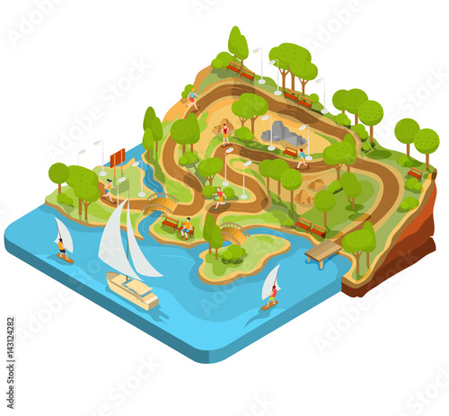 Vector 3D isometric illustration of cross section of a landscape park with a river flowing there, bridges, benches and lanterns. Soil in the section for the study of geological layers.