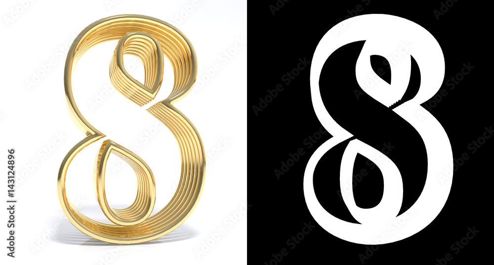Golden number eight on white background with drop shadow and alpha channel. 3D illustration Golden number eight on white background with drop shadow and alpha channel. 3D illustration