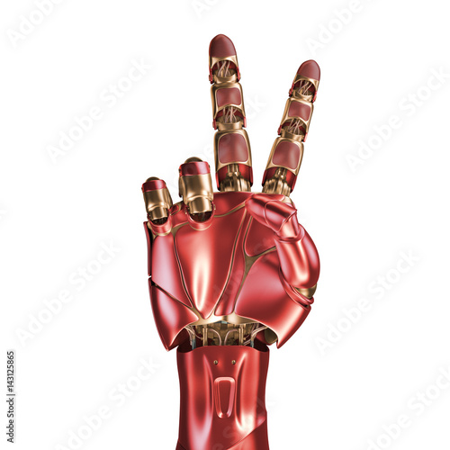 The hand of an iron man. Red and gold coloring. 3d rendering. Template isolated on white background.